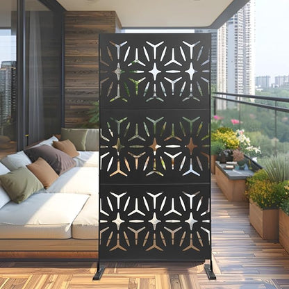 75" H×35" W Decorative Outdoor Privacy Screen with Stand, Outdoor Decor Privacy Fence Screen Metal Fence Panels, Free Standing Metal Divider for Patio Lawn Deck (Black-Small Rhombus)
