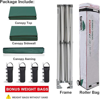 Eurmax USA 10 x 10 Pop up Canopy Commercial Tent Outdoor Party Canopies with 4 Removable Zippered Sidewalls and Roller Bag Bonus 4 Canopy Sand Bags & 24 Squre Ft Extended Awning(Forest Green)