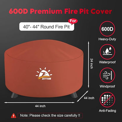 Zettum Fire Pit Cover Round 44 Inch - Outdoor Firepit Cover Heavy Duty & Waterproof, 600D Patio Fire Table Covers Gas Fire Pit Accessories Fade & Weather Resistant Brown - 44 x 44 x 24 Inch