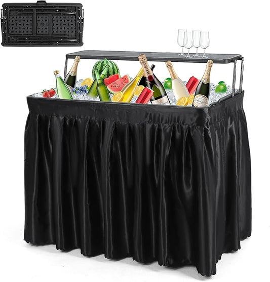 Nice C 4 ft Folding Ice Cooler Table, Party Cooler, Grazing Table, Tables with Drain, Party Tables, with Matching Skirt, Storage Shelf (Black)