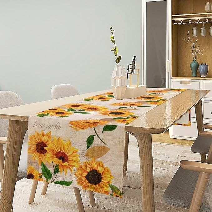 Sunflower Table Runner, Rustic Old Paper Seasonal Table Runner Farmhouse Kitchen Home Party Dining Room 13x36in