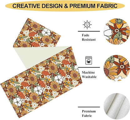 70s Floral Table Runner, Retro Groovy Hippie Oange Floral Funky Daisy Trippy Coffee Table Center Decor for Home Kitchen Dining Patio Holiday Party Indoor Outdoor Table Decorations, 13"x72" Inch