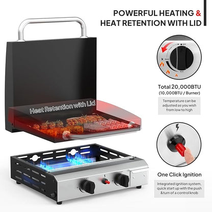 Bonnlo 20000BTU Propane Griddle with Lid and Ignition, Standing Flat Top Gas Grill with Portable Rolling Wheels and Storage Shelf, 2 Burner Camping Cooker for Patio Backyard Outdoor Cooking BBQ