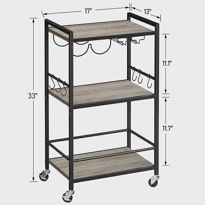 TUTOTAK Bar Cart, Home Bar Serving Cart, Microwave Cart, Drink Cart, Mobile Kitchen Shelf with Wine Rack and Glass Holder, Rolling Beverage Cart for Living Room, Kitchen, Greige BC01BG032