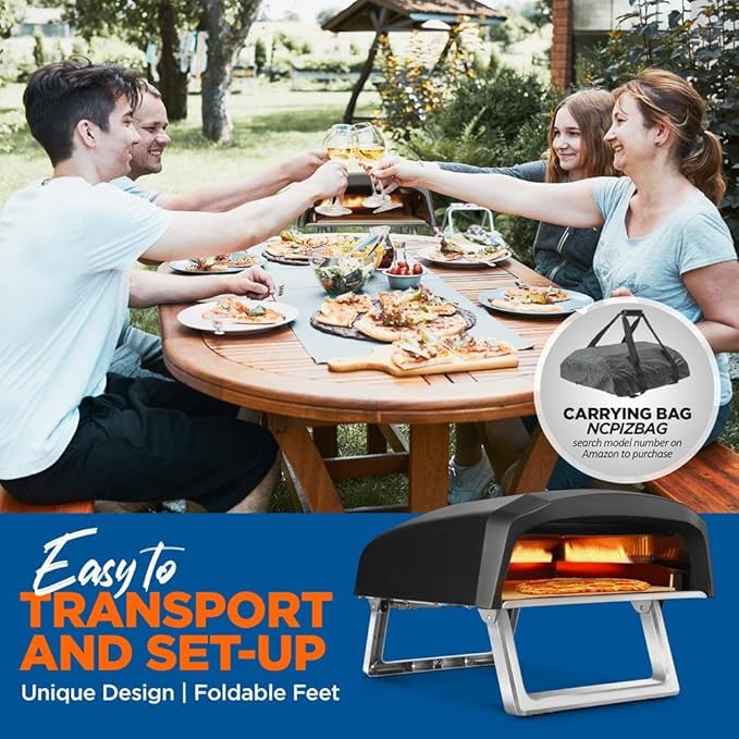 NutriChef Portable Outdoor Gas Pizza Oven - Includes Foldable Feet, Adjustable Heat Control Dial, Burner, Stone & Regulator Hose - Cooks 12" Pizza in 60 Seconds - 25.24'' x 16.14'' x 12.40'' IN