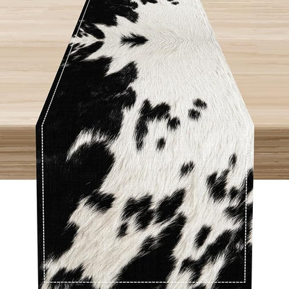 Cow Print Table Runner, Black Cowhide Print Western Style Table Runner Country Farmhouse Cottage Cow Pattern Linen Table Decoration for Home Kitchen Dining 13x36