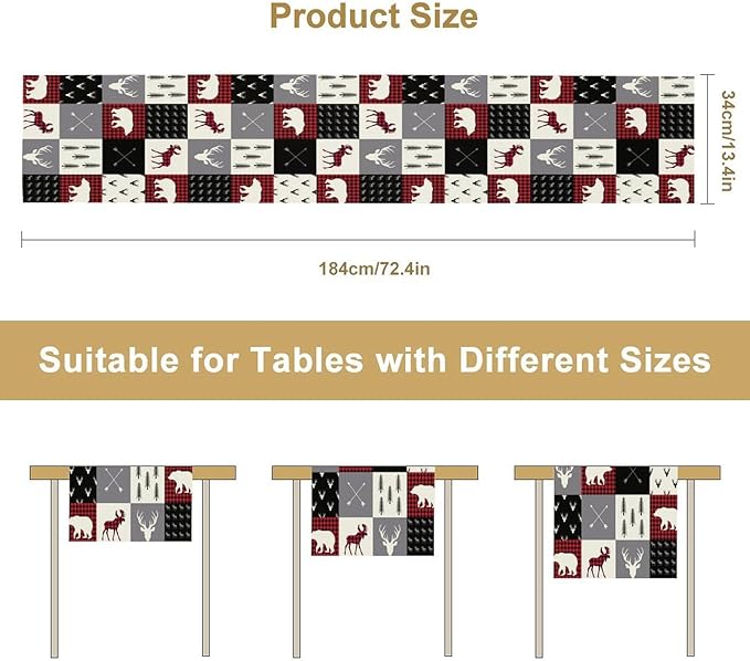 Farmhouse Bear Deer Table Runner, Retro Rustic Village Buffalo Plaid Table Runner for Coffee Table Dining Room Table Bedroom Party Holiday 13x120in