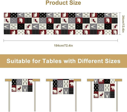 Farmhouse Bear Deer Table Runner, Retro Rustic Village Buffalo Plaid Table Runner for Coffee Table Dining Room Table Bedroom Party Holiday 13x120in