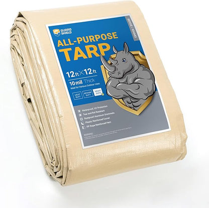 GUARD SHIELD Beige Tarp Heavy Duty Waterproof 12x12 Feet Outdoor Poly Tarps Cover Square Thick UV Resistant Canopy Tarpaulin with Grommets 10mil