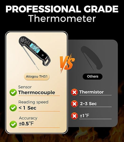 Atogou Professional Food & Meat Thermometer, 1 Sec Instant Read & ±0.5℉ Accuracy, Thermocouple Sensor, IP67 Waterproof Digital Thermometer for Cooking, BBQ, Grill Gifts for Men Him Dad Birthday