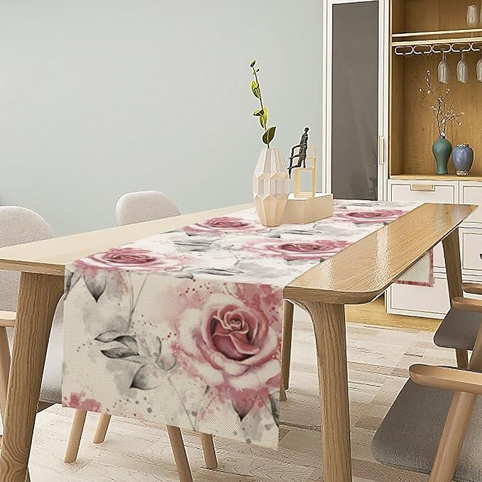 Pink Rose Floral Table Runner,Abstract Watercolor Flower Pattern Modern Romantic Kitchen Dining Table Decoration for Wedding Holiday Home Party 13x70in