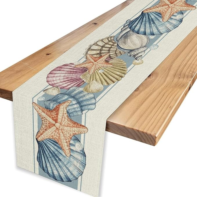 Summer Starfish Table Runner, Blue Sea Coastal Seashell Beach Nautical Starfish Ocean Table Runner Seasonal Holiday Home Kitchen Dining Table for Home Party Decor 13"x72"