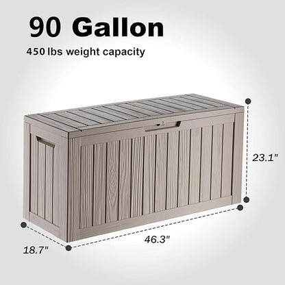 90 Gallon Deck Box,Resin Outdoor Storage Box with Lockable for Patio Furniture, Pool Accessories, Garden Tools Waterproof Outside Storage Box, Grey
