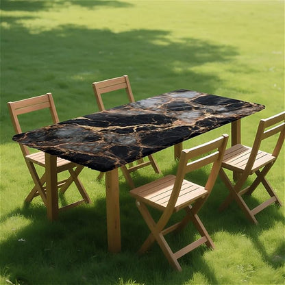 Rectangle Table Cloth Cover Waterproof Elastic Fitted Polyester Fitted Tablecloths for 4 Foot Tables for Indoor,Picnic, Camping, Outdoor （48" x 30"，Black Marble）