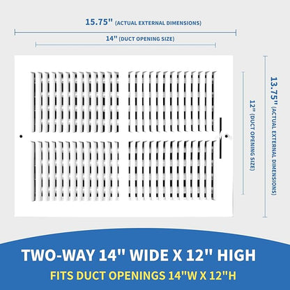 14x12 Vent Register [Duct Opening], Vent Covers for Home Ceiling, Two-Way Ventilation Register, Adjustable Solid Steel Wall Register Vent Cover (14"W x 12"H [Duct Opening])