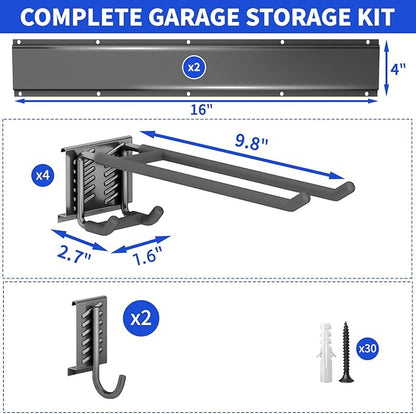 Tool Organizer Wall Mount, 32inch Heavy Duty Garden Tool organizer Storage System, Easy Install With 6 Adjustable Hooks, For Garage, Basement, Shed, Workshop(Black)