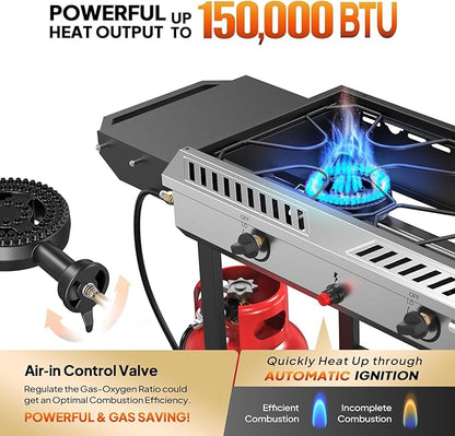 Bonnlo 2 Burner Propane Gas Burner with Auto Ignition, 150000 BTU Camping Stove with Storage Shelf and Rolling Wheels, Portable Outdoor Cooker for Patio Backyard Cooking Frying Boiling and Stewing