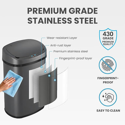 iTouchless 13 Gallon Automatic Sensor Trash Can with Lid, AbsorbX Odor Control System, Gunmetal Gray Stainless Steel Kitchen Garbage Bin, Fingerprint-Proof, Hands-Free Operation, Oval