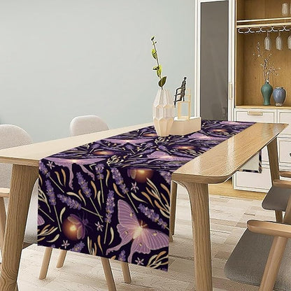 Purple Moth Table Runner,Retro Butterfly Flower Print Table Runner for Wedding Holiday Indoor Outdoor Party Home Decor 13x60in