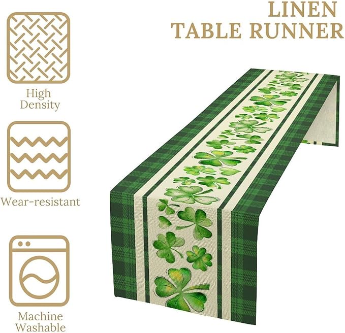 St.Patrick's Day Table Runner,Vinatge Rustic Green Buffalo Plaid White Shamrock Watercolor Table Center Decor for Home Kitchen Dining Patio Holiday Party Indoor Table Decorations, 13"x90"