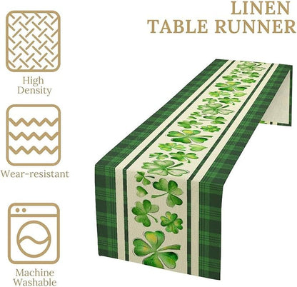 St.Patrick's Day Table Runner,Vinatge Rustic Green Buffalo Plaid White Shamrock Watercolor Table Center Decor for Home Kitchen Dining Patio Holiday Party Indoor Table Decorations, 13"x72"
