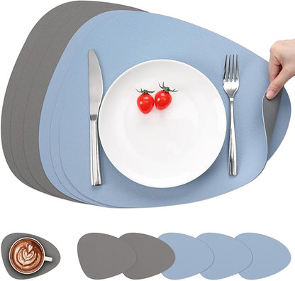 Myir JUN Placemats, Dual-Sided Placemats Waterproof Faux Leather Placemats Set of 6 Place Mats and Coasters Non-Slip Washable Table Mats for Dining Table (Gray Sky Blue, Set of 6)