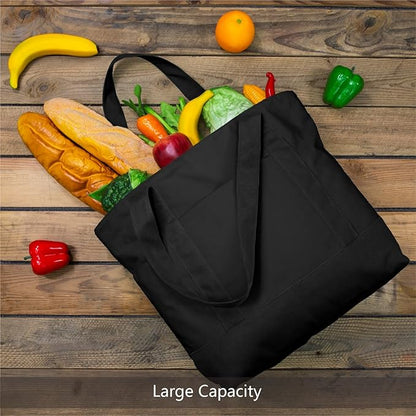 TOPDesign 3-Pack Canvas Tote Bags with an External Pocket, Reusable Grocery Shopping Bags, Top Zipper Closure, Daily Essentials (Black)