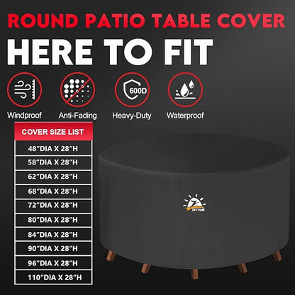 Zettum Round Patio Table Cover 68 Inch - 600D Outdoor Furniture Cover Round Waterproof & Heavy Duty, Lawn Furniture Set Covers for Outside Dining Table and Chairs Seating Combo - 68 x 68 x 28 Inch
