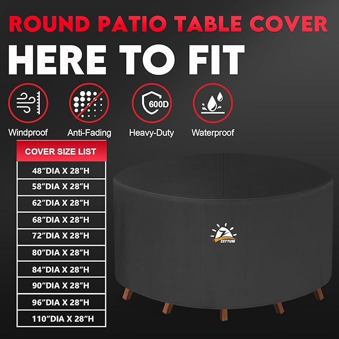 Zettum Round Patio Table Cover 80 Inch - 600D Outdoor Furniture Cover Round Waterproof & Heavy Duty, Large Lawn Furniture Set Covers for Outside Dining Table and Chairs Seating - 80 x 80 x 28 Inch