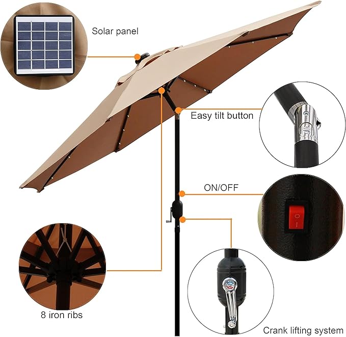 9 ft Solar Umbrella, 32 LED Lighted Patio Umbrella, Table Market Umbrella - Image 2