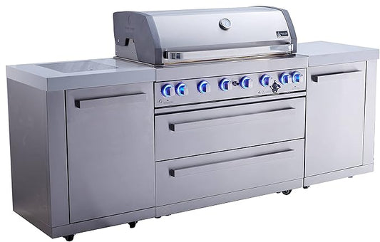 Mont Alpi MAi805 6-Burner 115000 BTU 44-inch Original Series Stainless Steel Outdoor Kitchen Modular Island Gas Grill + Infrared Side & Rear Burners + Granite Countertops + Storage Cabinets & Drawers