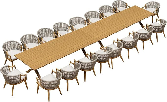 PURPLE LEAF 20 Pieces Outdoor Dining Set All Weather Wicker Patio Dining Set with Rectangular Aluminum Table and Modern Armrest Dining Chairs for Garden Deck Backyard Kitchen, Teak