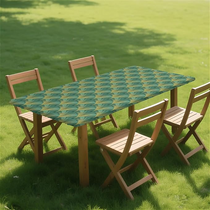 Rectangle Table Cloth Cover Waterproof Elastic Fitted Polyester Fitted Tablecloths for 6 Foot Tables for Indoor,Picnic, Camping, Outdoor （72" x 30"，Green Sector Geometry）