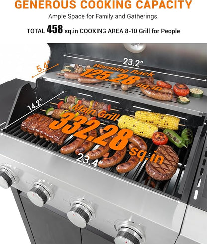 4-Burner Propane Gas BBQ Grill with Side Burner, 46,500 BTU Output Stainless Steel Barbecue Grill with Enameled Cast Iron Grates and Side Tables for Outdoor Cooking Kitchen and Patio Backyard