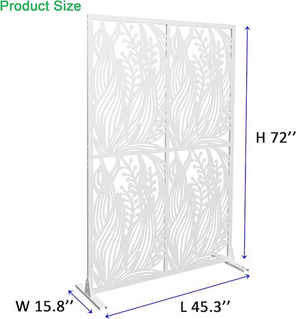 Metal Privacy Screen Room Divider 72" H x 45.3" W, Free Standing Decorative Panel with Bird Design for Indoor Outdoor Use, Black Iron Partition for Patio Balcony Garden (Leaf White)