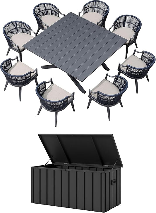 PURPLE LEAF Outdoor Dining Set for 8 with Storage Box Aluminum All Weather Wicker Patio Dining Set with Square Aluminum Table and Modern Armrest Dining Chairs for Garden Deck Backyard Kitchen, Grey