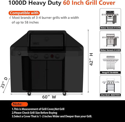 [Upgraded 1000D Heavy Duty Fabric] 60" Grill Cover for Outdoor Grill, Waterproof, Tear & Fade Resistant BBQ Cover with Buckle & Air Vent, Gas Grill Cover for 3-4 Burner Weber Nexgrill Char-Broil Grill