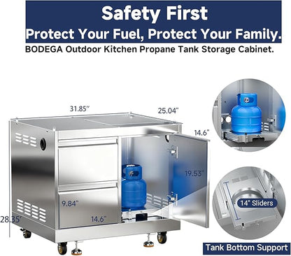 BODEGA Stainless Steel Outdoor Kitchen Propane Gas Grill and Outdoor Kitchen Cabinets for BBQ with 2 Drawers and Propane Tank Storage,Thermometer & Rotisserie Chicken Fork Kit, Seaside BBQ, Camping.