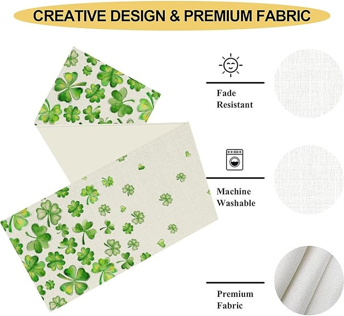 St.Patrick's Day Table Runner,Rustic Green Clover Seasonal Leaves White Green Table Center Decor for Family Kitchen and Living Room Outdoor Farmhouse Party Table Decorations, 13"x72"