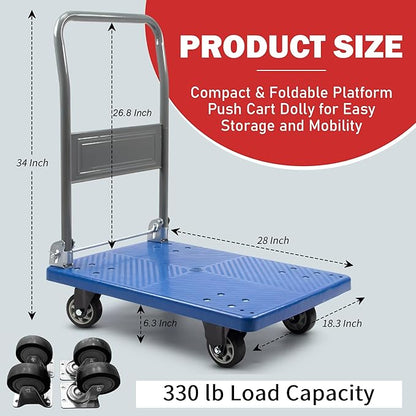 330 lbs Foldable Platform Truck Dolly with Swivel Wheels, Heavy Duty Moving Platform Hand Truck, 28 x 18 x 33.8 inches (PH150PVC)