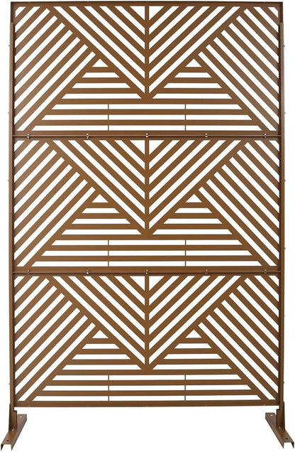 Outdoor Privacy Screen with Geometric Design – Metal Decorative Panel, Freestanding Partition, Weather-Resistant, 76"x48" for Garden, Patio, Balcony, and Yard, Brown