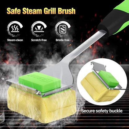 Grill Brush Bristle Free for Outdoor Grill, Steam Grill Cleaning Brush Replaceable BBQ Cleaner Brush Head,Extended Handle, Safe Grill Brush for Cast Iron Stainless-Steel Grates，Light Green