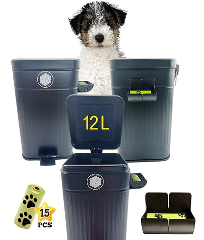 Dog Poop Trash Can (Black) Outdoor Activated Carbon Filter Odor Control, 3.2 Gallon (12Lt) with Slow Soft Close Lid, All Weather Resistant Poop Disposal Bin for Pet Waste Backyard Station.