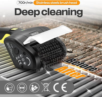 Battery Operated Grill Cleaner PURAMI Wireless Outdoor 360° Rotating Electric Grill Brush, Rechargeable Lithium 8V 700r/min Heavy Duty BBQ Accessories Scrubber
