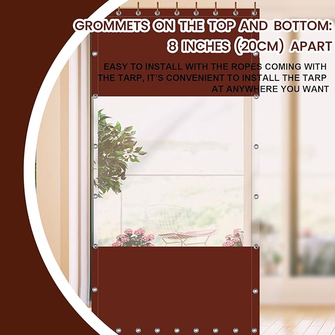20 Oz Outdoor Vinyl Curtain, Outdoor Clear Panel Curtain, Weather Resistant Outdoor Curtain for Pergola, Porch, Gazebos, with Rustproof Grommets (8'H x 7'W, Brown)