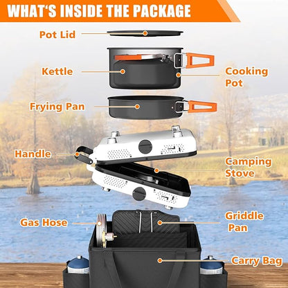 Hisencn Camping Stove,2 Burner Propane Stove,20000 BTU/h Camping Cooking set Includes Frying Pan,Kettle and Pot,Adjustable Burners & Piezo Ignition,Portable stove for camping Outdoor,White