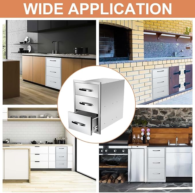 Outdoor Kitchen Drawers, Flush Mount Triple Access BBQ Drawers With Stainless Steel Handle, BBQ Island For BBQ Island Patio Grill Station,Three Drawers