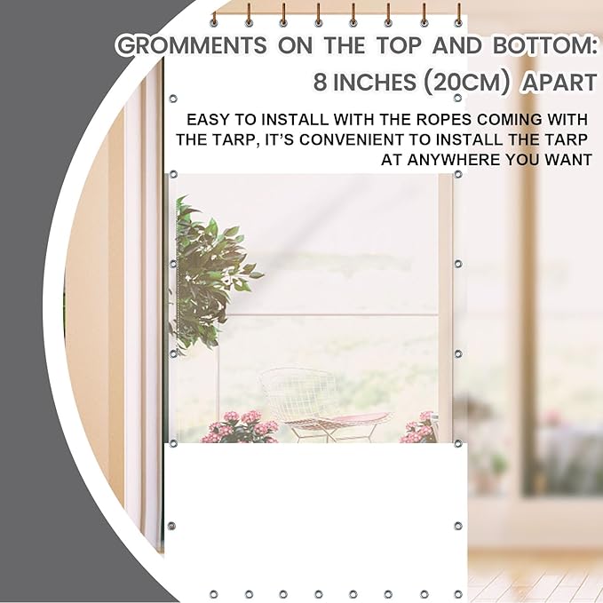 20 Oz Outdoor Vinyl Curtain, Outdoor Clear Panel Curtain, Weather Resistant Outdoor Curtain for Pergola, Porch, Gazebos, with Rustproof Grommets (8'H x 10'W, White)