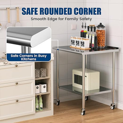 Stainless Steel Work Table with Wheels, 30x36 Inch NSF Food Prep Table with Backsplash & Adjustable Undershelf for Kitchen, Restaurant, Garage