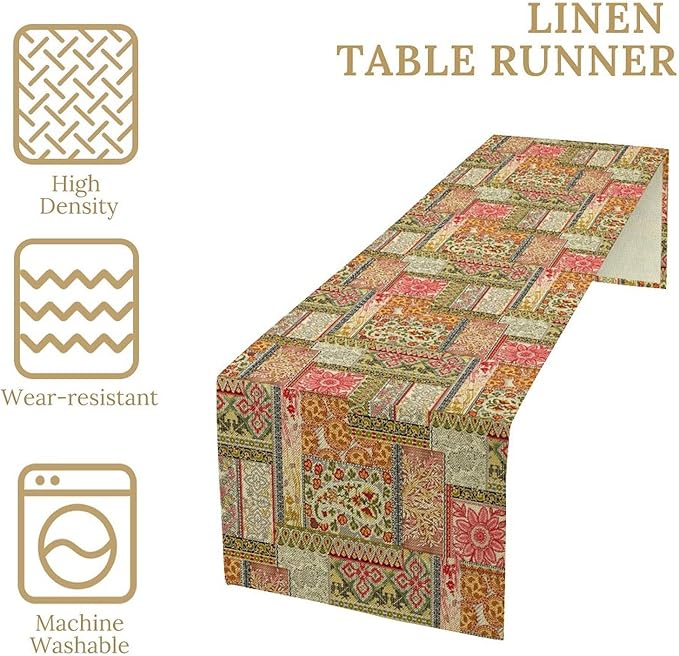 Colorful Patchwork Table Runner, Boho Floral Vintage Wildflower Rustic Paisley Design Table Runner for Dining Coffee Party Holiday Farmhouse 13x90in